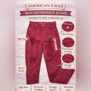 American Eagle Outfitters Women's Red Distressed High-Rise Jeans